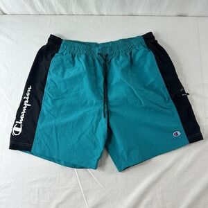 Vtg Champion Swim Shorts L Blue Nylon White Logo 6.5" Inseam Y2K Black Stripe